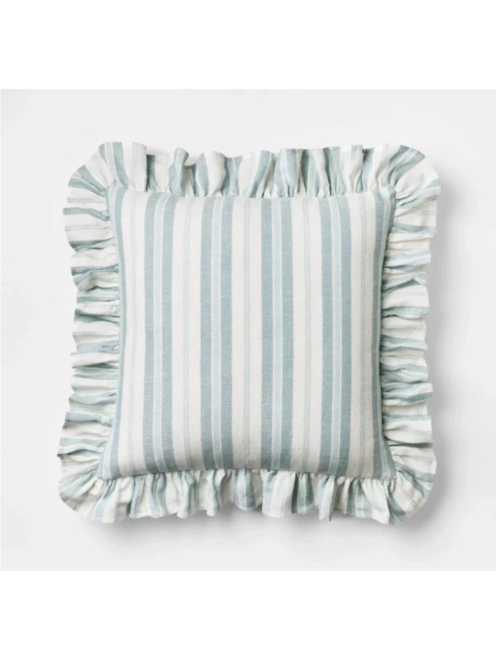 Blue/Ivory 20” Square Woven Stripe Throw Pillow With Ruffles ~ Indoor